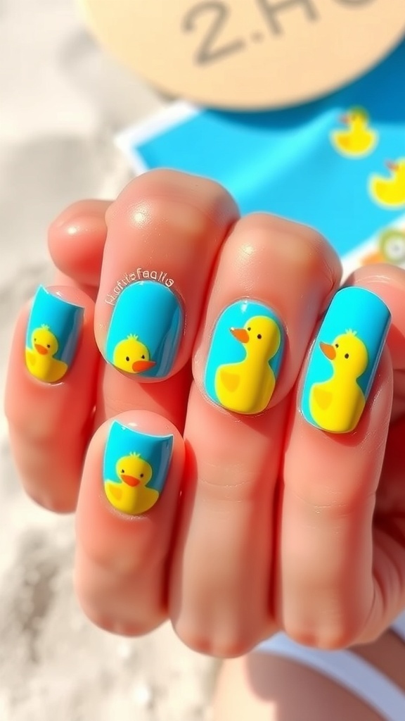 Bright vacation nails with duck designs on a blue background, set against a beach scene.